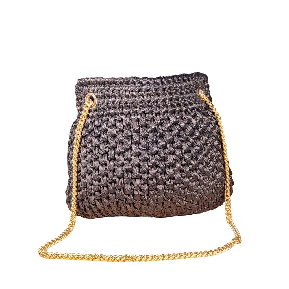 Vintage Fashion Imports Woven Purse Black Gold Chain Snap Designer 70s Retro Bag